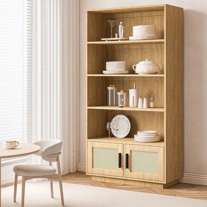 Huloretions 5 Tier Bookself, Boho Bookcase with Rattan Doors, Wooden Bookcase and Bookshelf with Storage, Tall Book Stand, Large Bookshelf for Living Room, Bedroom, Home Office, Kitchen