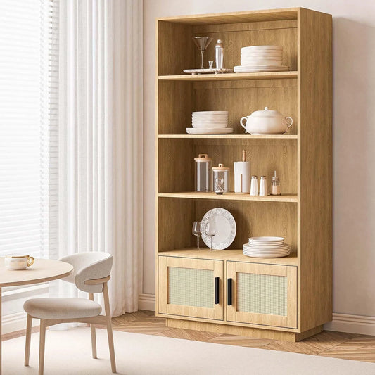 Huloretions 5 Tier Bookself, Boho Bookcase with Rattan Doors, Wooden Bookcase and Bookshelf with Storage, Tall Book Stand, Large Bookshelf for Living Room, Bedroom, Home Office, Kitchen