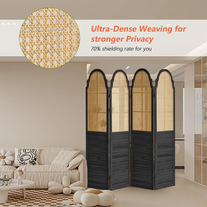 Aletheiawu 4 Panel Rattan Room Divider, Foldable Privacy Screen, No Installation Required, Black
