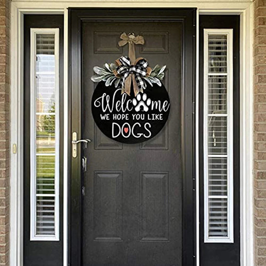 Front Door Welcome Sign, Round Wood Door Room Decor, Door Decor, Spring Wreath, Door Decor, Spring Wreath, Farm Porch Hanging Sign, Green, For Those Family With Pets, 11.8 Inch