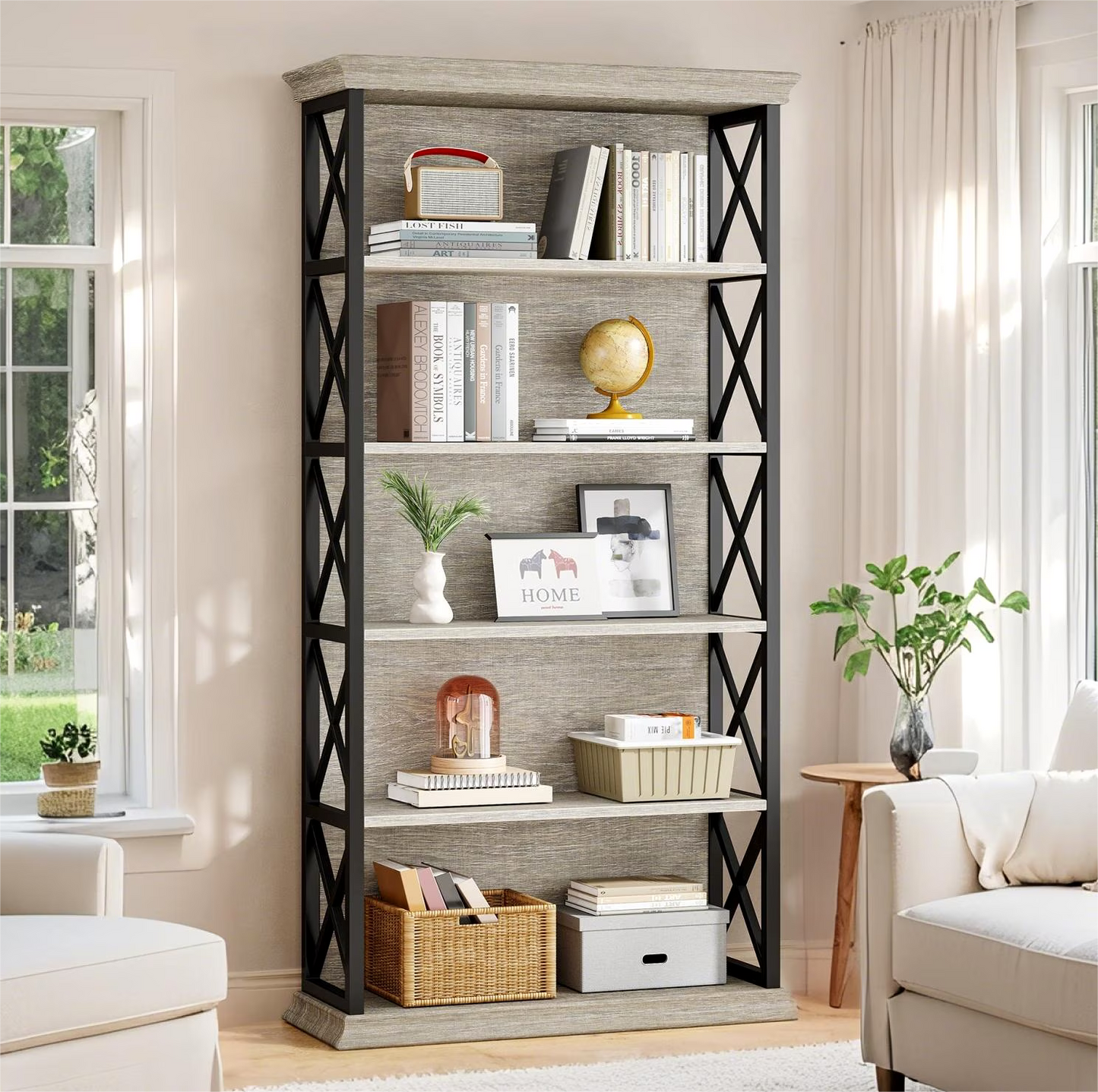 Fnova 71" 5-Tier Tall Bookshelf, Industrial Wood Bookcase with Metal Frame, Floor Standing Display Storage Shelves for Home Office, Living Room, Bedroom
