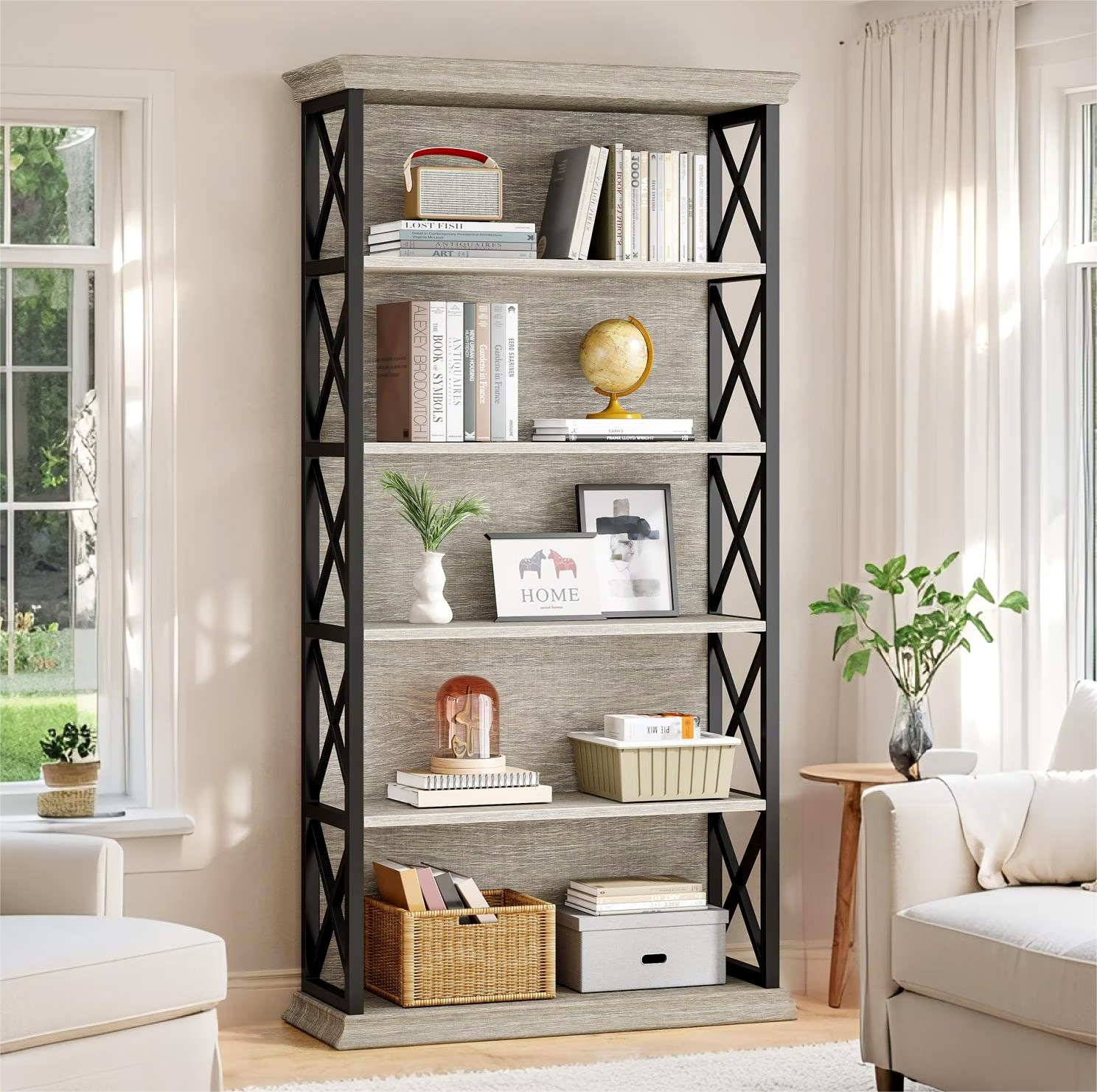 Fnova 71" 5-Tier Tall Bookshelf, Industrial Wood Bookcase with Metal Frame, Floor Standing Display Storage Shelves for Home Office, Living Room, Bedroom