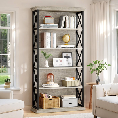 Fnova 71" 5-Tier Tall Bookshelf, Industrial Wood Bookcase with Metal Frame, Floor Standing Display Storage Shelves for Home Office, Living Room, Bedroom