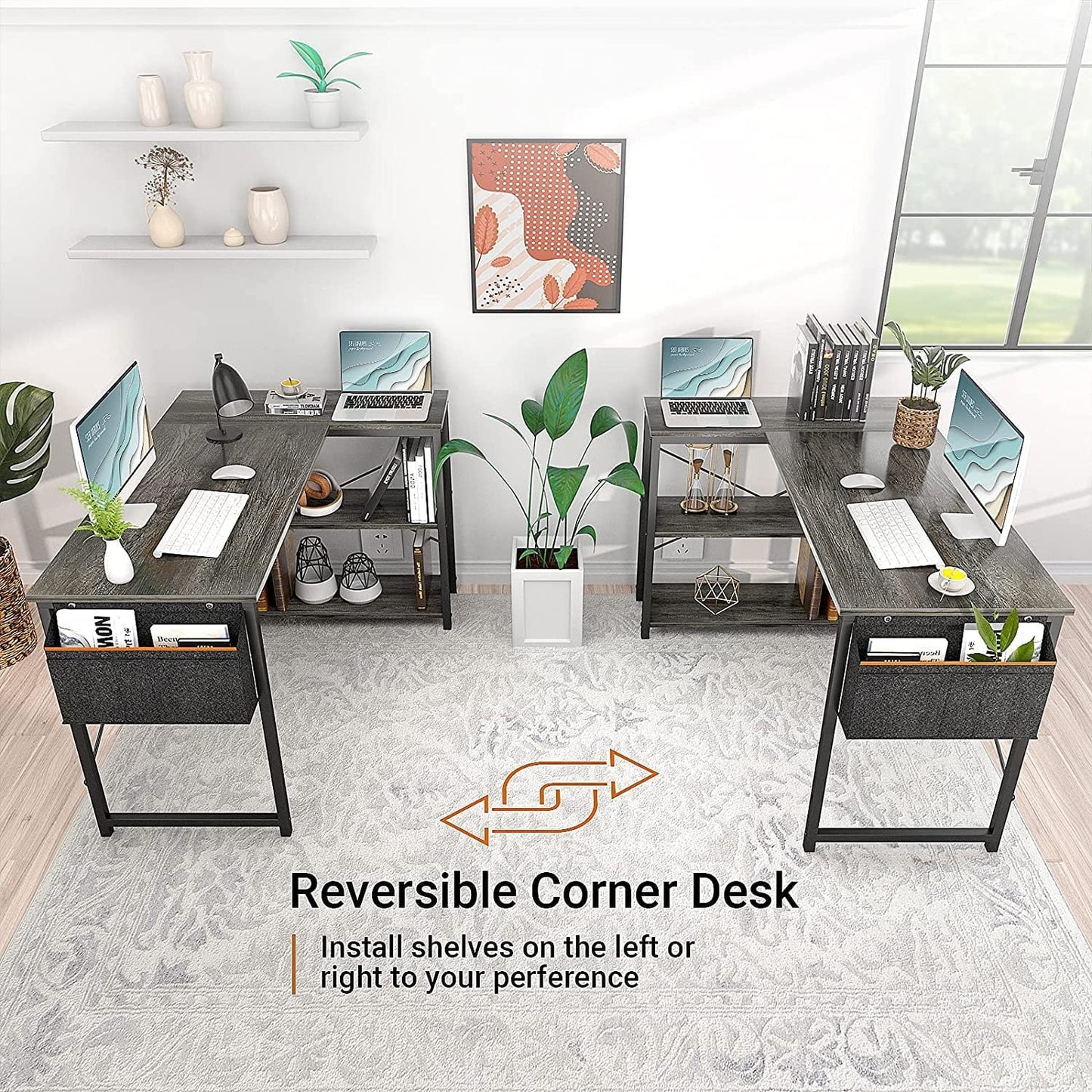 Homieasy L Shaped Desk, 47 Inch Reversible Computer Desk with Storage Shelves, Modern Corner Desk Gaming Desk Small Office Desk with Storage Bag for Home Office Workstation, Black Oak