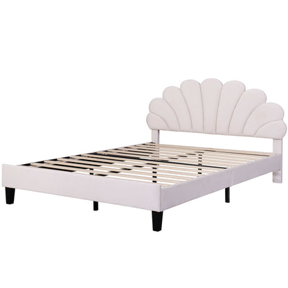Queen Size Upholstered Platform Bed with Flower Headboard,Velvet Bed Frame for Kids Boys Girls,Beige