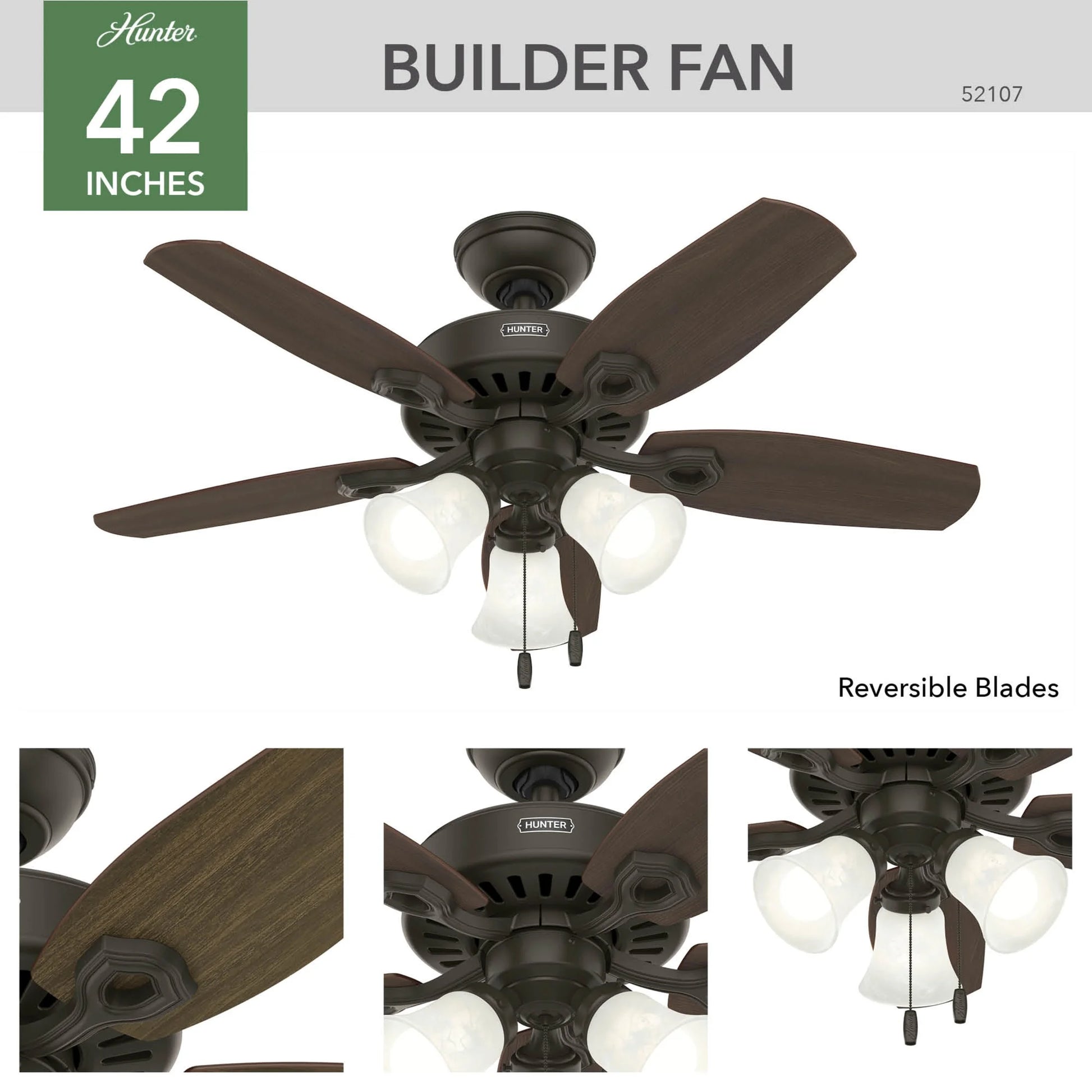 Hunter - Builder Indoor Ceiling Fan With Light, 42-inch, Snow White, Traditional-style, 3-speed WhisperWind Motor, 52105, for living rooms, bedrooms, home offices, kitchens
