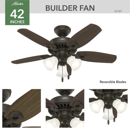 Hunter - Builder Indoor Ceiling Fan With Light, 42-inch, Snow White, Traditional-style, 3-speed WhisperWind Motor, 52105, for living rooms, bedrooms, home offices, kitchens