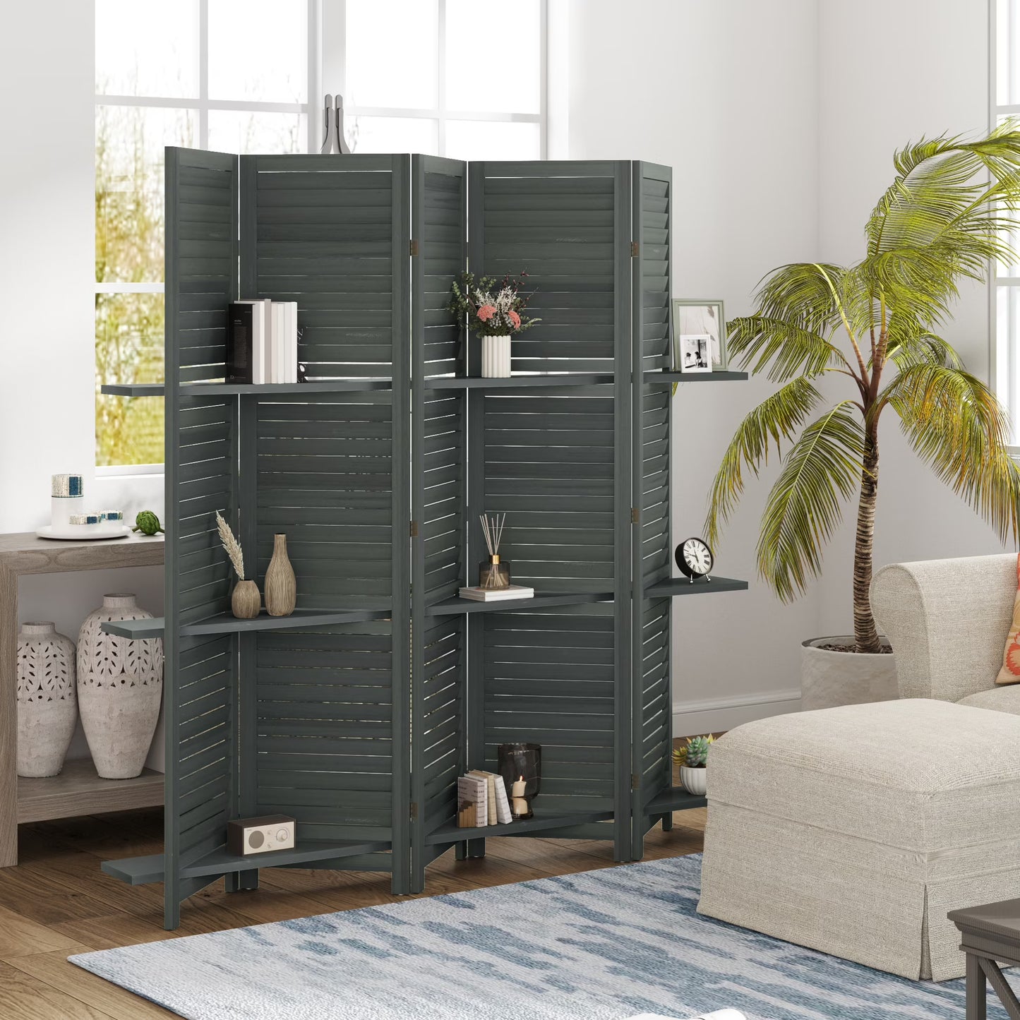 HOMCOM 5 Panel 67" Tall Wood Privacy Screen Room Divider with 3 Display Shelves, and Folding Storage for Bedroom or Home Office, Gray