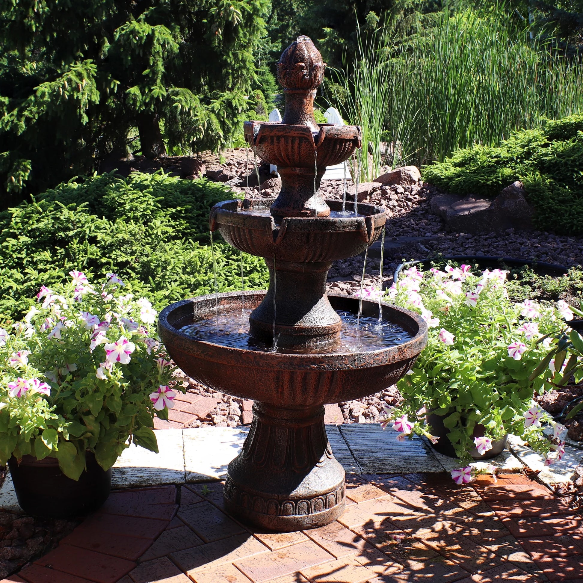 Sunnydaze Flower Blossom Traditional White Resin 3-Tier Outdoor Water Fountain