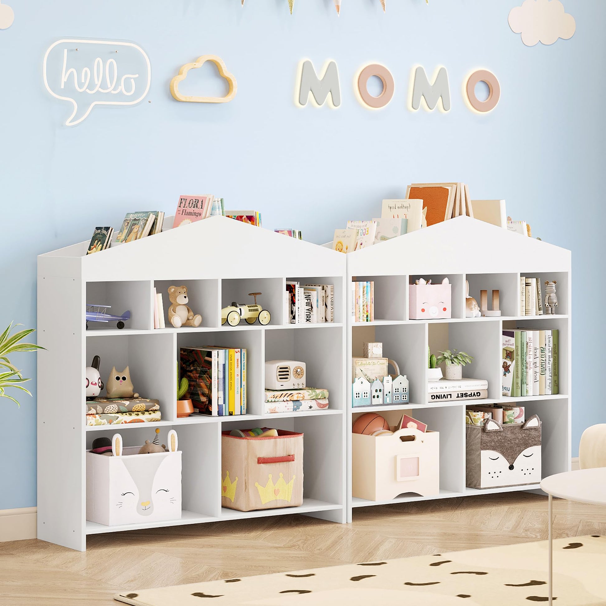 DSstyles Kids Bookshelf 9-Cubby Toy Storage Organizer White Bookcase Toddlers Playhouse Cabinet Shelf for Boys Girls Wooden Storage Toy Shelf for Playroom, Nursery, Kids Room