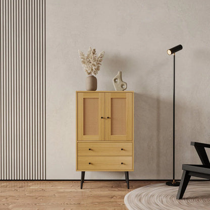 GZXS Storage Cabinet with 2 Rattan Doors & 2 Drawers, Mid Century Modern Buffet Sideboard Kitchen Cupboard for Living Room, Bedroom, Hallway, Home Office, Natural