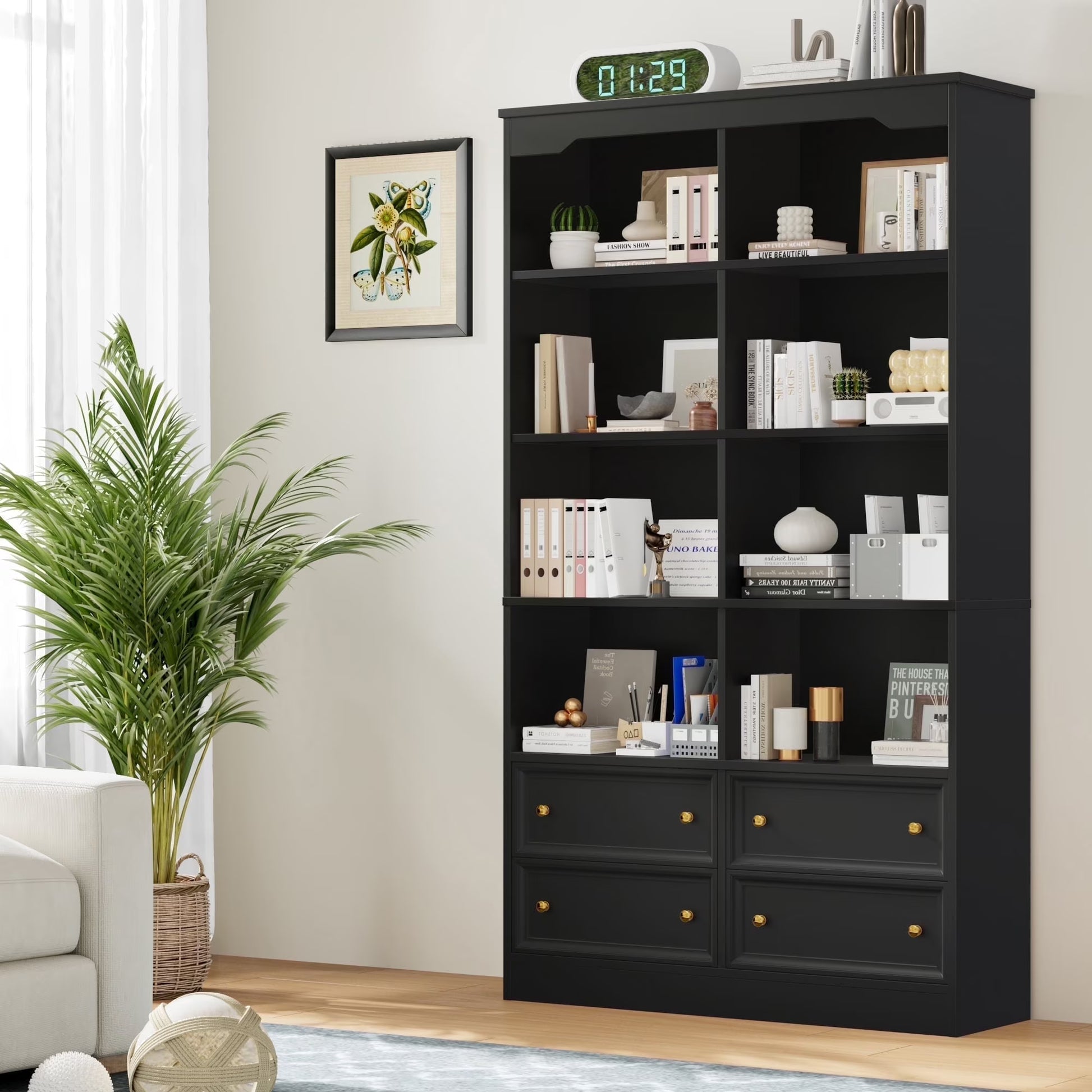 Homfa Double Row 6 Tier Bookcases, 71 in Tall Bookcase Bookshelf with 4 Drawers and 8 Display Cubicles, for Home Office Living Room, White