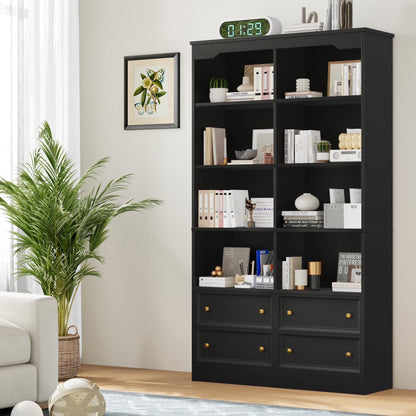Homfa Double Row 6 Tier Bookcases, 71 in Tall Bookcase Bookshelf with 4 Drawers and 8 Display Cubicles, for Home Office Living Room, White
