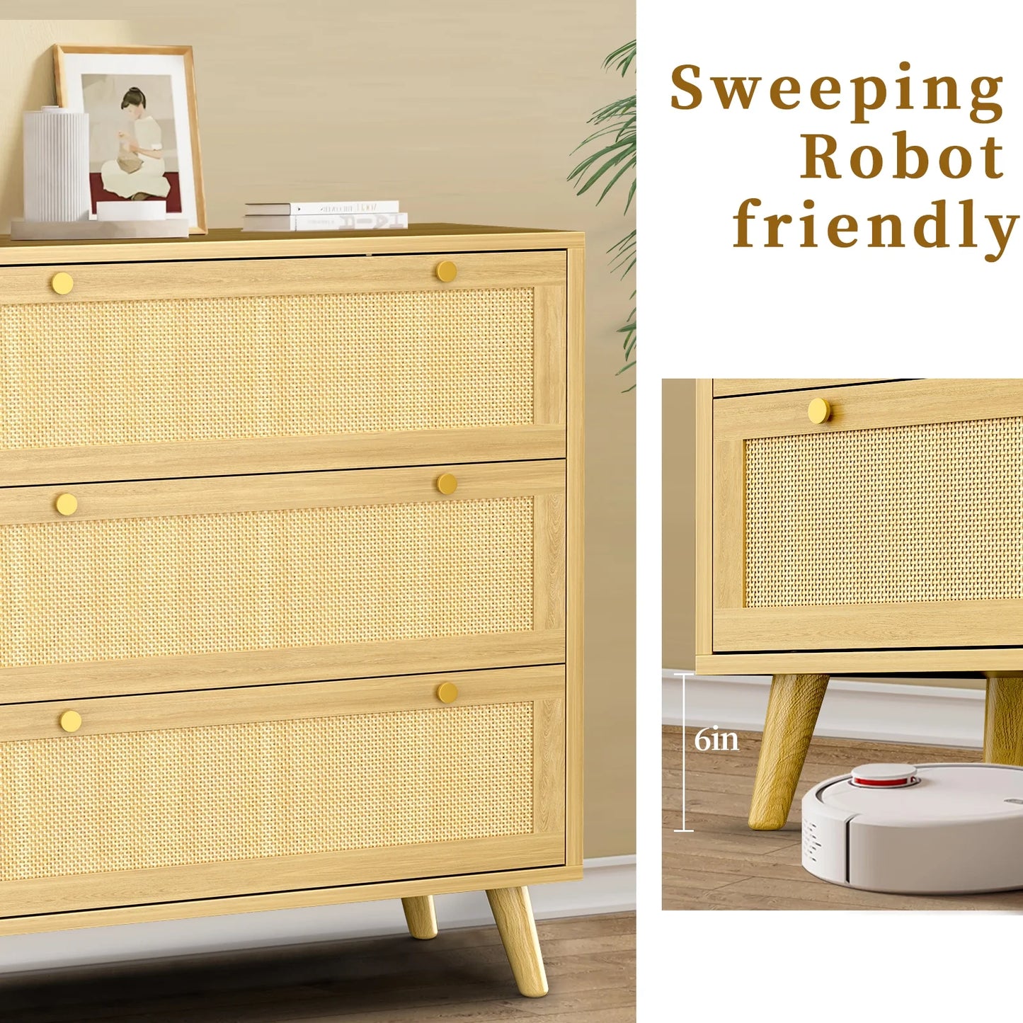 Capri 3 Drawer Dresser, Rattan Storage Wide Chest of Drawers, Night Stand Storage Cabinet for Women, Kids, Baby, Nursery, Girls, Bedroom Living Room Furniture, Natural