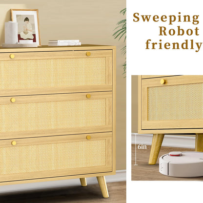 Capri 3 Drawer Dresser, Rattan Storage Wide Chest of Drawers, Night Stand Storage Cabinet for Women, Kids, Baby, Nursery, Girls, Bedroom Living Room Furniture, Natural