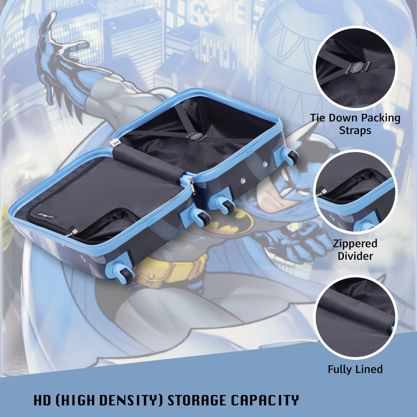 DC Comics Batman 21 Inch Kids Rolling Luggage, Hardshell Carry On Suitcase with Wheels, Blue