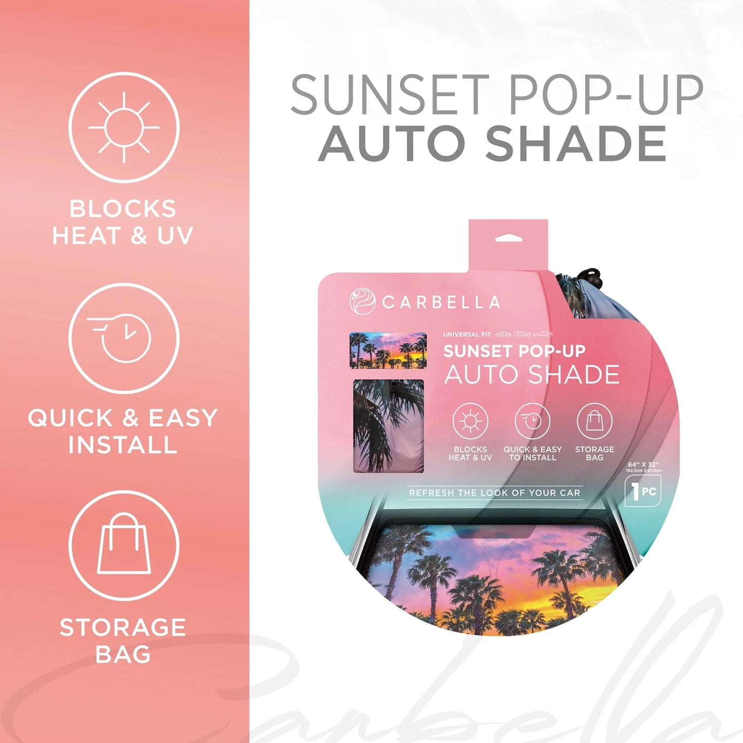 BDK CBAS-3101 Sunset Palm Trees Car Window Windshield Sun Shade Visor 64"x32"