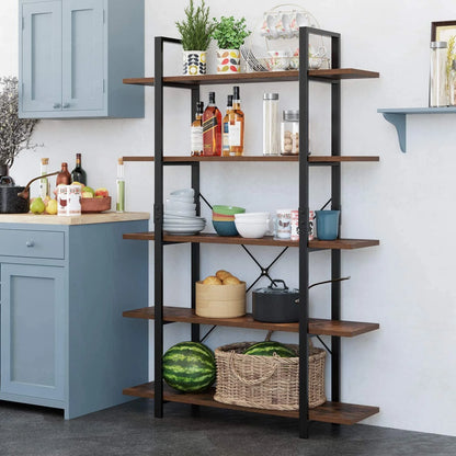 Homfa Industrial 5 Tier Storage Bookshelf , Wood Bookcase Shelf Unit with Metal Frame for Home Office Living Room, Rustic Brown