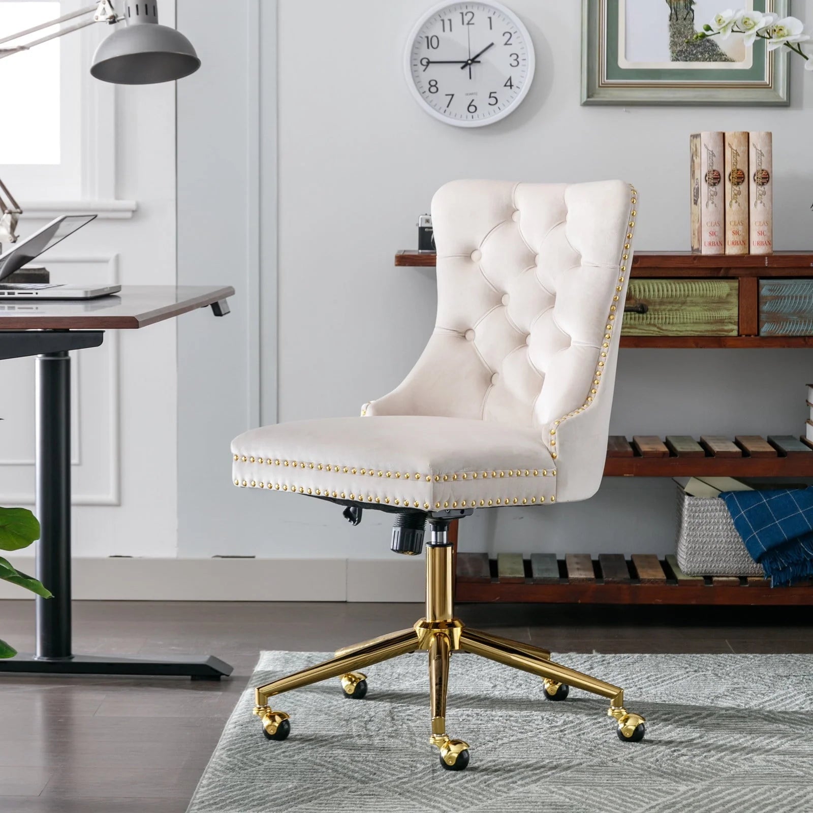 BTMWAY Office Chair, Velvet Upholstered Tufted Button Home Office Chair with Golden Metal Base, Adjustable Height, Swivel Ergonomic Task Chair, Luxury Desk Chair Computer Chair, Beige