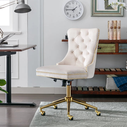 BTMWAY Office Chair, Velvet Upholstered Tufted Button Home Office Chair with Golden Metal Base, Adjustable Height, Swivel Ergonomic Task Chair, Luxury Desk Chair Computer Chair, Beige
