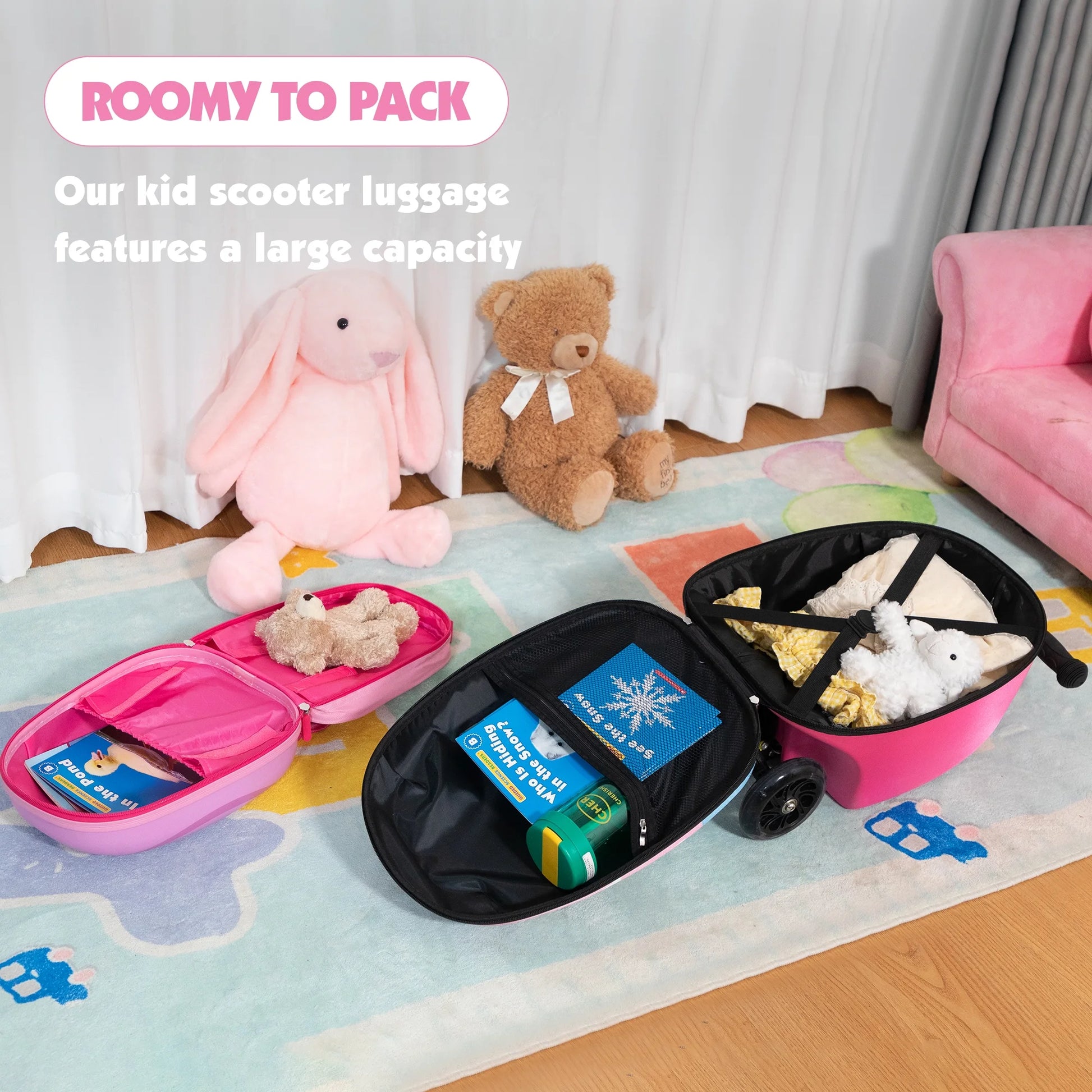 VLIVE 19 in Kids 2 Piece Unicorn Spinner Carry On Luggage with Scooter, Pink