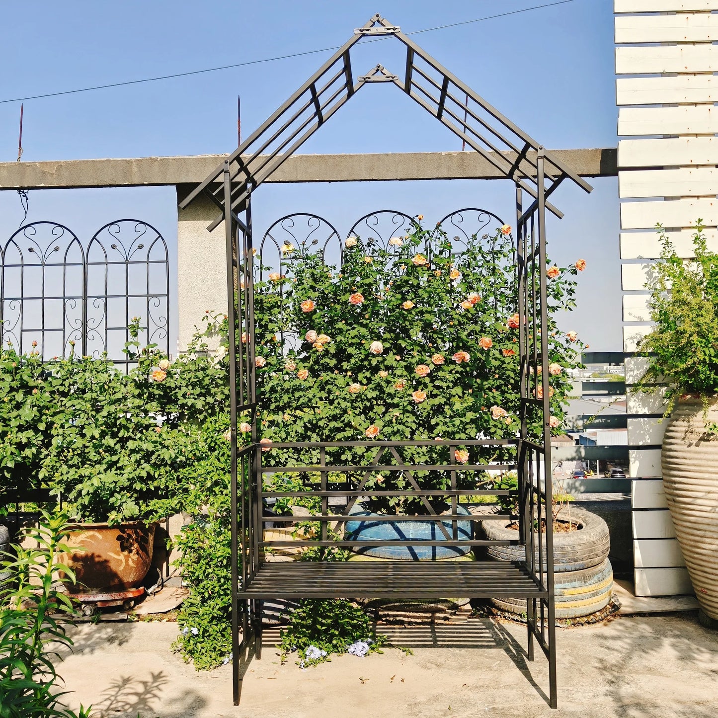 Yoneston 97.24"H Metal Garden Arch with Bench, Turned into Flower Stand for Climbing Plants, Support Rose Arch Outdoor, Black