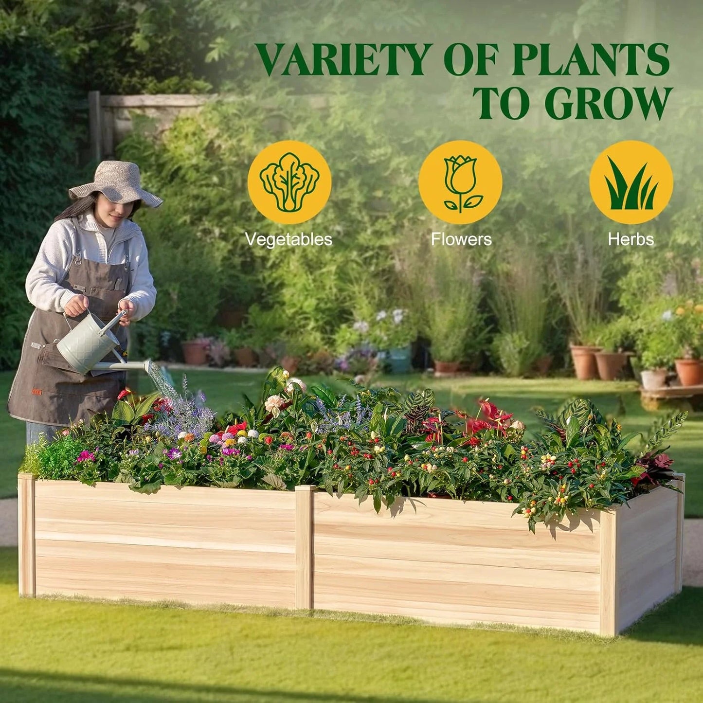 SPECRAFT 8x4 Ft Wood Raised Garden Bed, Durable 15 Inch Depth Planter Box for Vegetables, Herbs, and Flowers, Ideal for Outdoor Gardening with Open Base