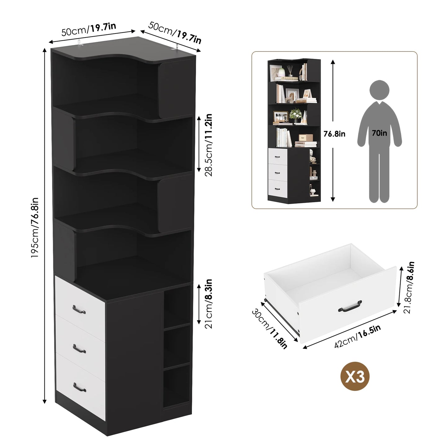 Hiphuta 77"Tall L-Shaped Corner Bookshelf with Drawers and Side Storage, Modern Wood Bookcase with 4-Tier Display Shelves Storage Cabinet for Living Room Home Office , Black