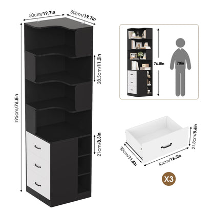 Hiphuta 77"Tall L-Shaped Corner Bookshelf with Drawers and Side Storage, Modern Wood Bookcase with 4-Tier Display Shelves Storage Cabinet for Living Room Home Office , Black