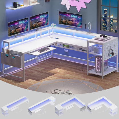 SEDETA L Shaped Gaming Desk, Reversible Computer Desk, Gaming Desk with Power Outlets & LED Strip, Monitor Shelf, Keyboard Tray, Pegboard and Storage Shelves for Home Office, Black