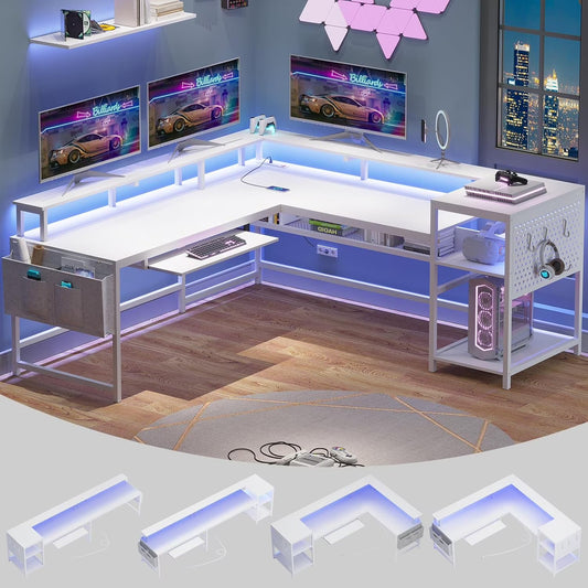 SEDETA L Shaped Gaming Desk, Reversible Computer Desk, Gaming Desk with Power Outlets & LED Strip, Monitor Shelf, Keyboard Tray, Pegboard and Storage Shelves for Home Office, Black