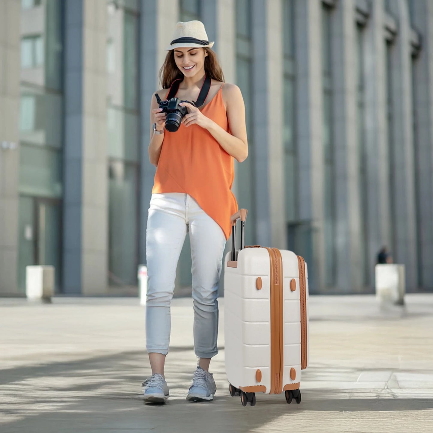 Carry On Luggage 22 x 14 x 9 Airline Approved Lightweight Hardside Spinner Luggage with TSA Lock and Laptop Compartment, Beige, CY2431