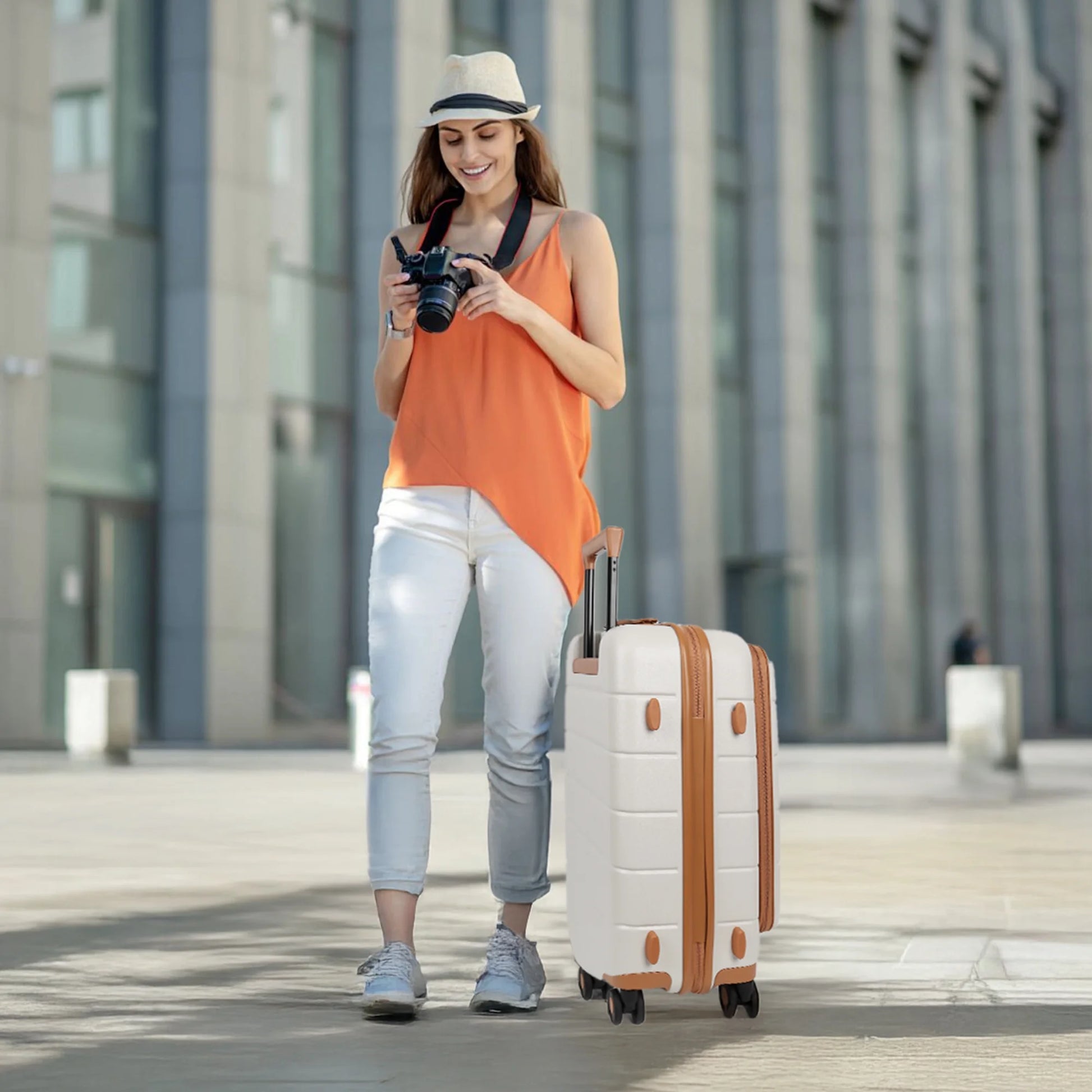 Carry On Luggage 22 x 14 x 9 Airline Approved Lightweight Hardside Spinner Luggage with TSA Lock and Laptop Compartment, Beige, CY2431