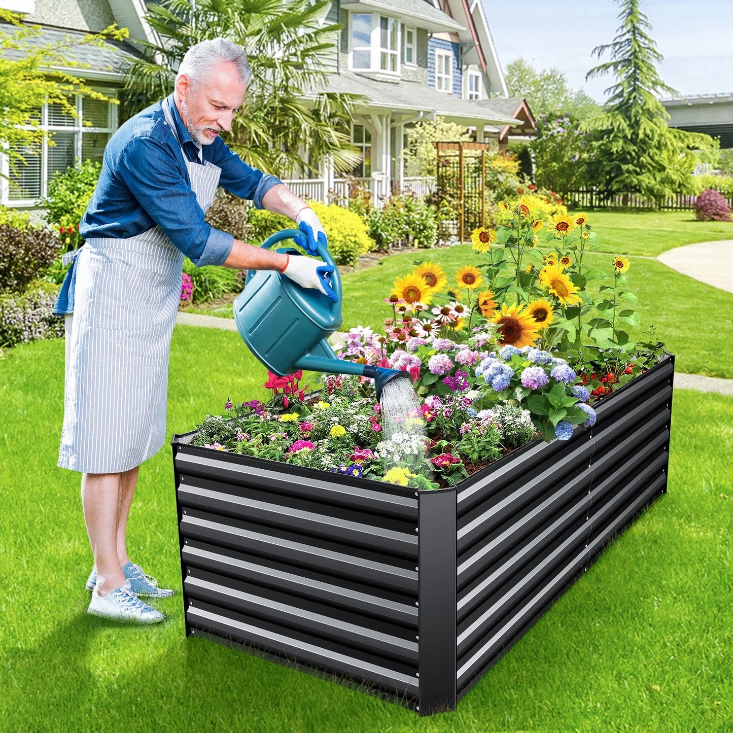 Homdox 6*3*2FT Galvanized Raised Garden Bed, Outdoor Thickened Raised Garden Planter Box for Vegetable Flower Fruit Herb, Rectangular Metal Garden Raised Box for Garden Yard, Black