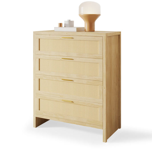 Richya Rattan Dresser with 4 Drawers, Wood Storage Cabinet for Living Room, Hallway, Nursery ,Bedroom