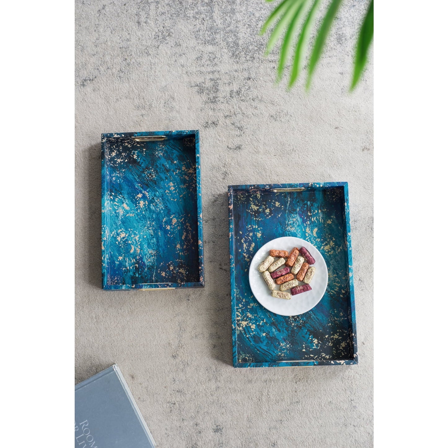 A& B Home Decorative Tray with Handles - Modern Minimalist Style Faux Leather Set of 2 Perfume Tray for Ottoman Couch Centerpiece Table Decor, Blue