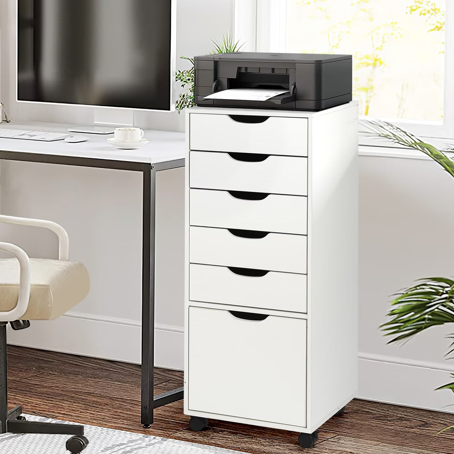 RichYa 5-Drawer Dresser with Caster Wheels, Chest of Drawers with Bottom Cabinet Storage,Storage Cabinet for Bedroom,Home Office (White)