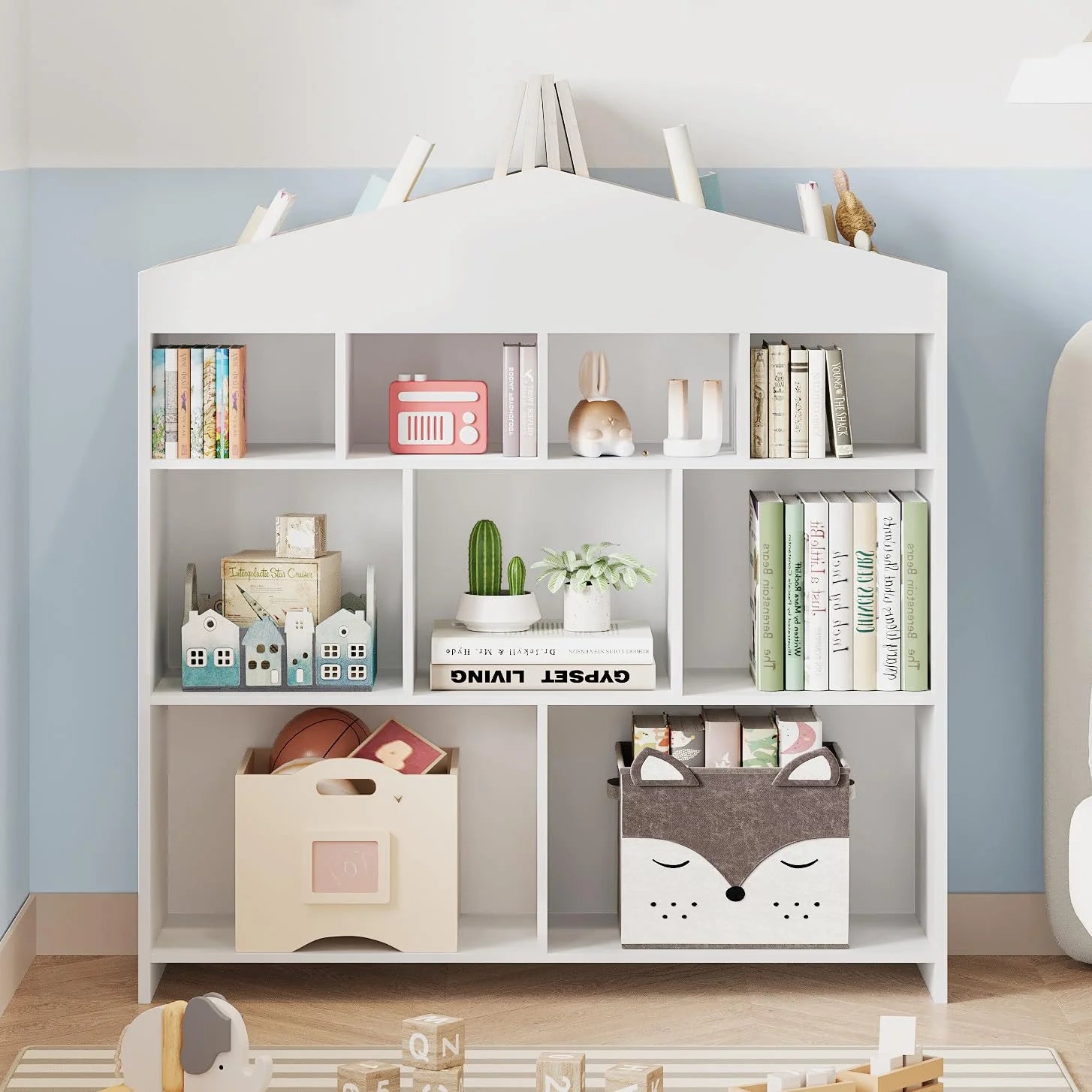 DSstyles Kids Bookshelf 9-Cubby Toy Storage Organizer White Bookcase Toddlers Playhouse Cabinet Shelf for Boys Girls Wooden Storage Toy Shelf for Playroom, Nursery, Kids Room