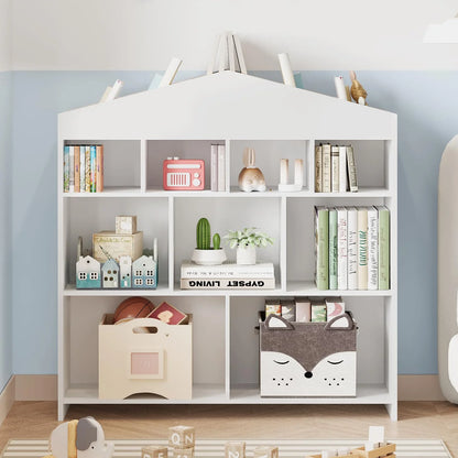 DSstyles Kids Bookshelf 9-Cubby Toy Storage Organizer White Bookcase Toddlers Playhouse Cabinet Shelf for Boys Girls Wooden Storage Toy Shelf for Playroom, Nursery, Kids Room