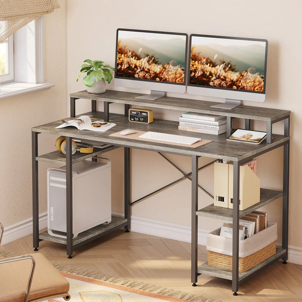 Bestier 55 inch Computer Desk with Monitor Shelf Home Office Desk Grey