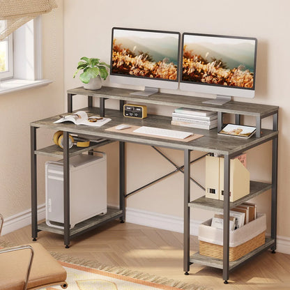 Bestier 55 inch Computer Desk with Monitor Shelf Home Office Desk Grey