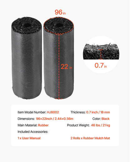 VEVOR Rubber Mulch for Landscaping, 2 Rolls Recycled Rubber Mulch Mat 96 x 22 in, Permanent Rubber Pathway, Natural-Looking Black Mulch Garden Edging for Plants, Vegetables & Flower Garden Barrier
