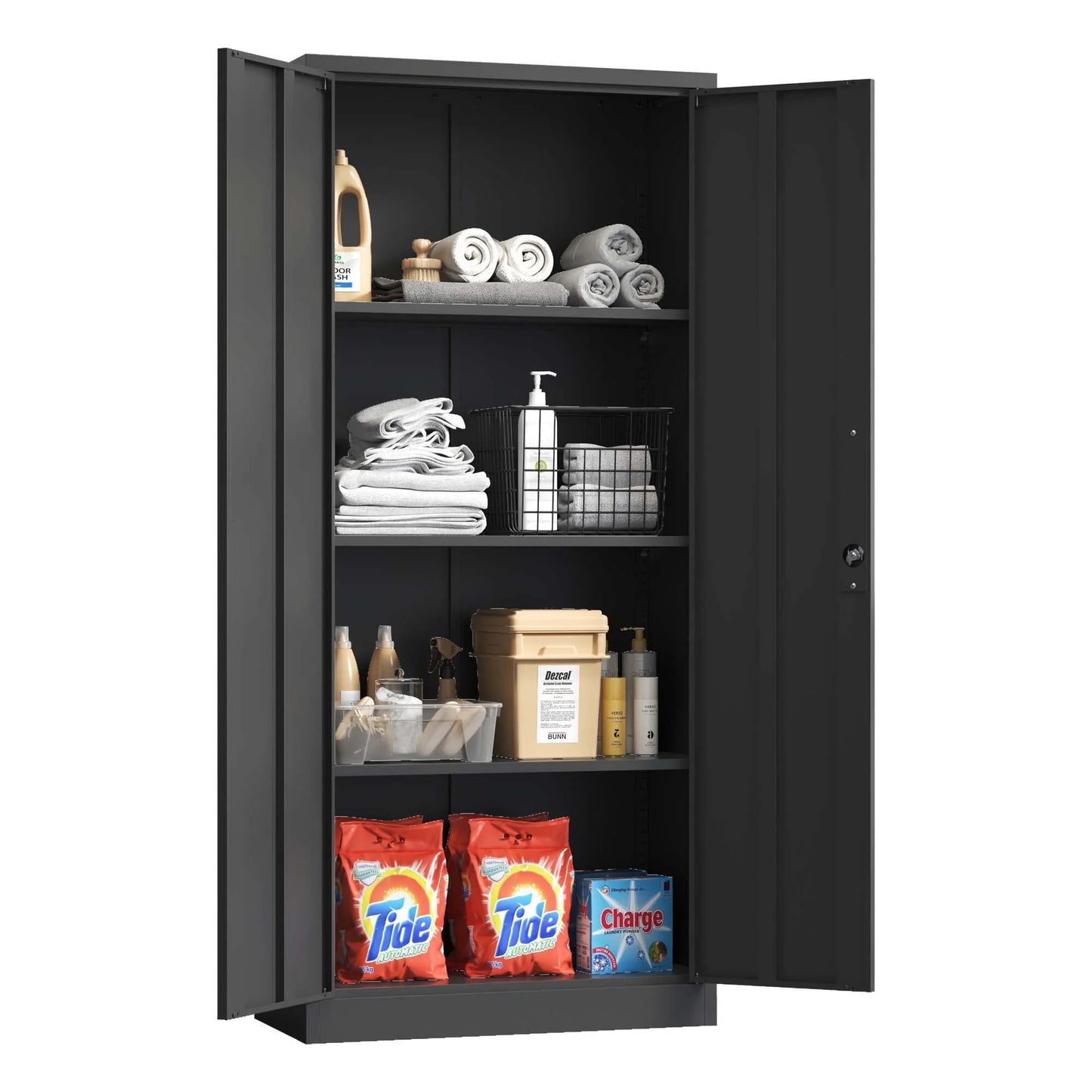 DUOSONG 71"H Metal Garage Storage Cabinet, Black Tool Steel Locking Cabinet With Doors And 3 Shelves, Tall Cabinets For Garage Storage Systems Lockable File Cabinet For Home Office, Classroom/Pantry