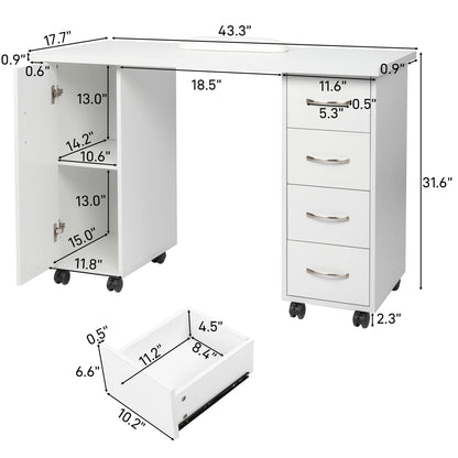 Sesslife White Computer Desk, Writing Desk with Lockable WheelsModern Wood Study Desk with 4 Drawers for Home Office Workstation