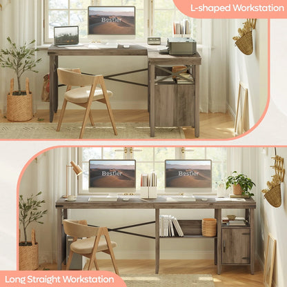 Bestier Farmhouse L-Shaped Computer Desk 60" Home Office Desk with Cabinet, Wash Gray