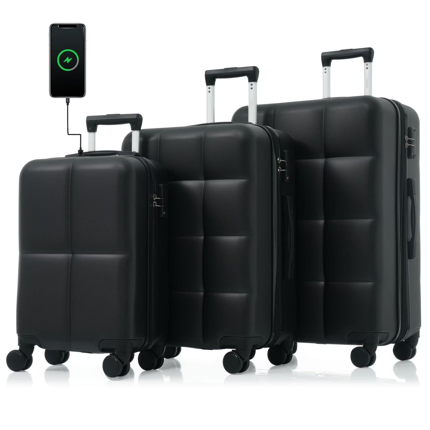 POWANLI 3PCS Luggage Set,20'' Luggage with USB Port, Airline Certified Carry-on Luggage set with Cup Holder, ABS Hard Shell Luggage with Spinner Wheels Beige+Gold