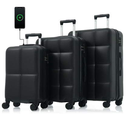 POWANLI 3PCS Luggage Set,20'' Luggage with USB Port, Airline Certified Carry-on Luggage set with Cup Holder, ABS Hard Shell Luggage with Spinner Wheels Beige+Gold