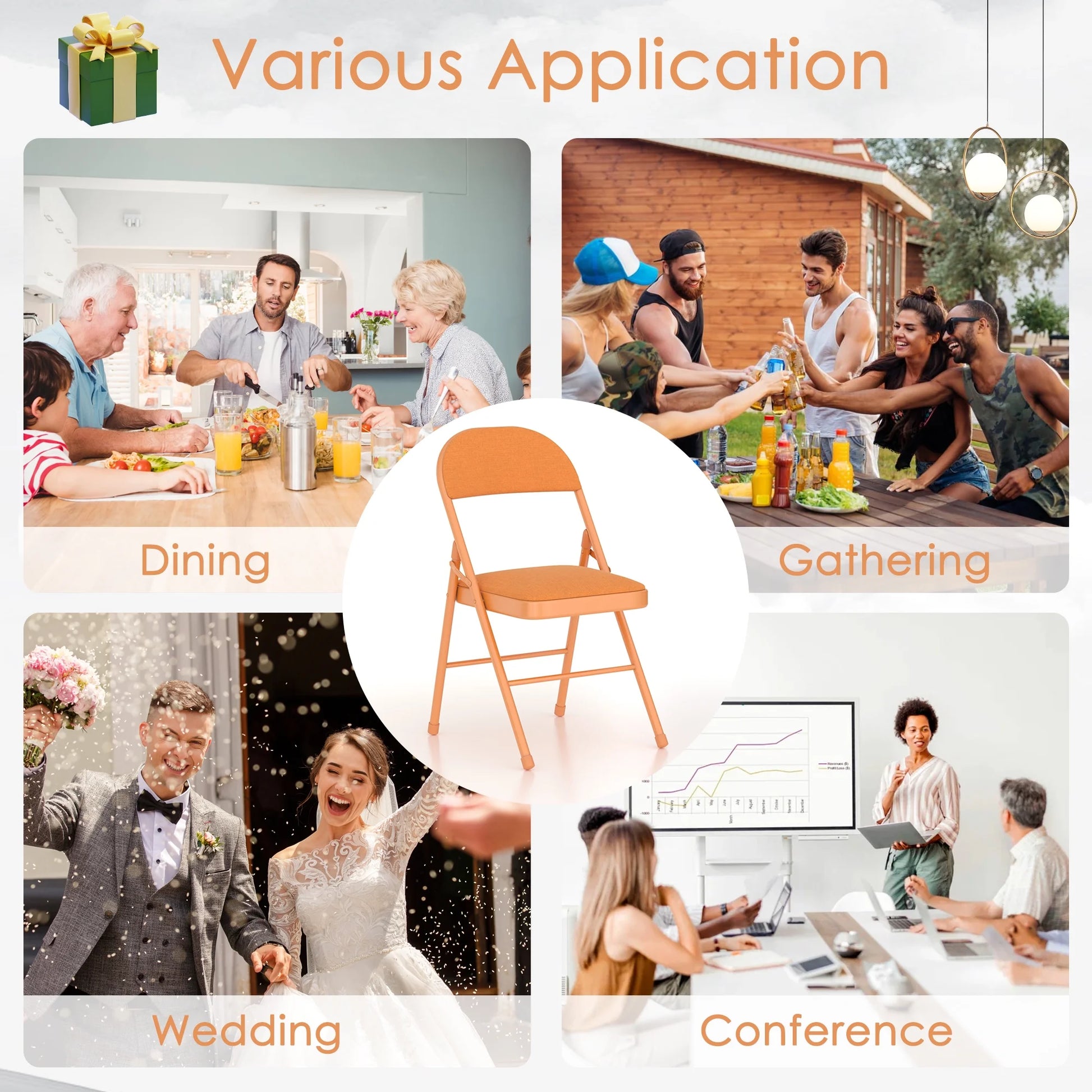 VECELO Set of 4 Folding Chairs, Fabric Dining Chair Set with Padded Cushion and Back, Indoor Outdoor Upholstered Seat with Metal Frame for Home Office Events Wedding Party, Orange