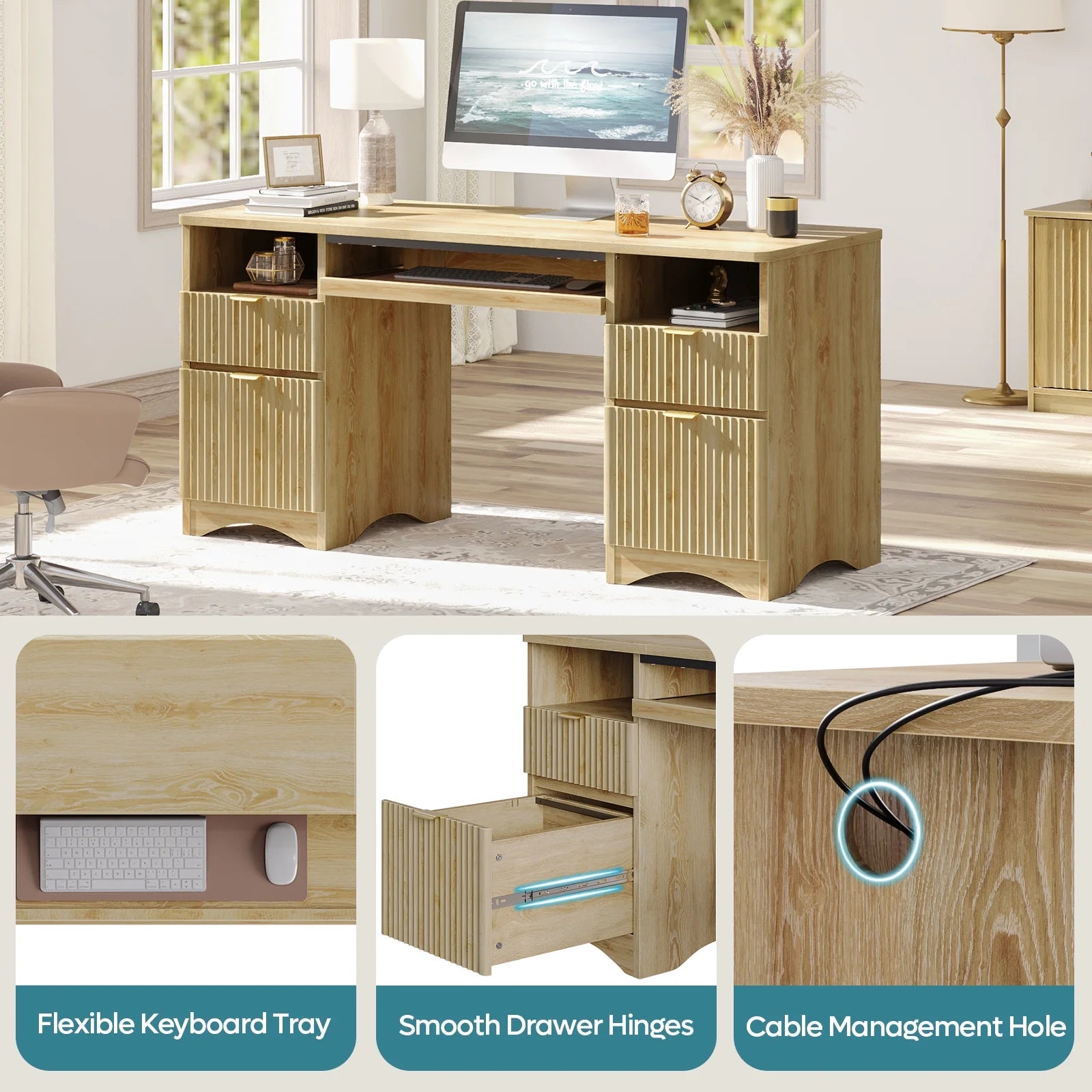 Bestier 59" Computer Home Office PC Desk with Keyboard Tray and Storage Drawers, Walnut and White