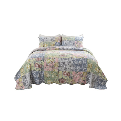 Benjara Eni 3 Piece Queen Cotton Quilt Set, Vibrant Pastel Blue Flowers, Scalloped